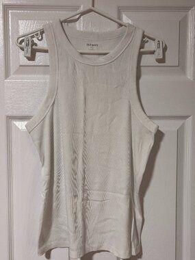 White Ribbed Tank Top | Soft Stretch Basic Sleeveless Top (XL)